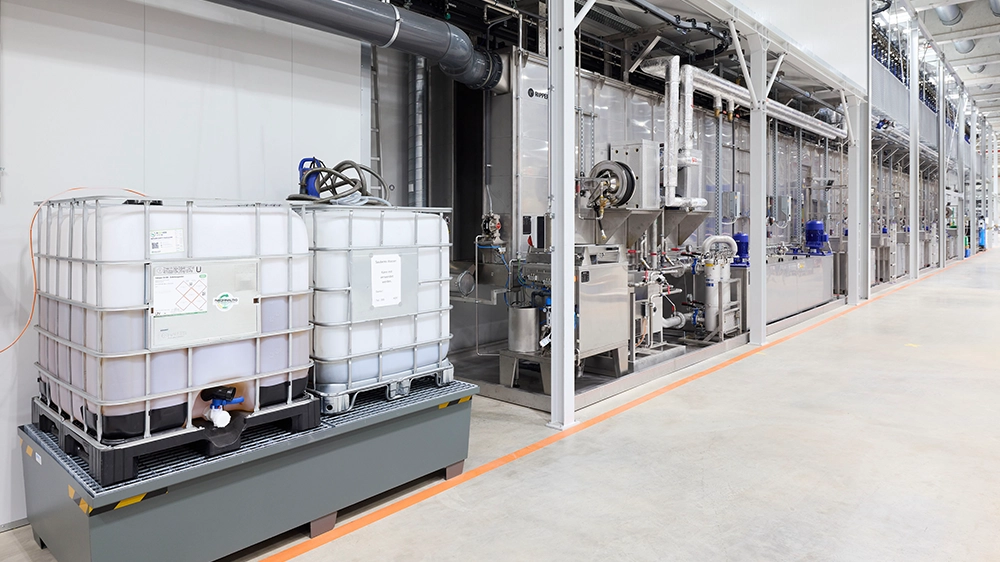 The new production line is 180&nbsp;metres long, with just over 74&nbsp;metres taken up by the powder coating plant shown here.