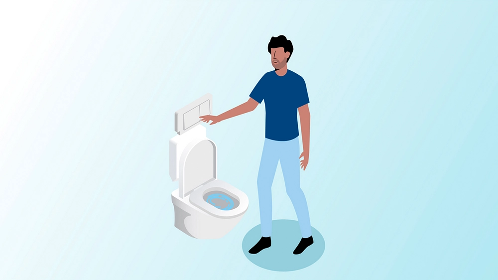An illustration of a man standing next to a toilet (Photo)