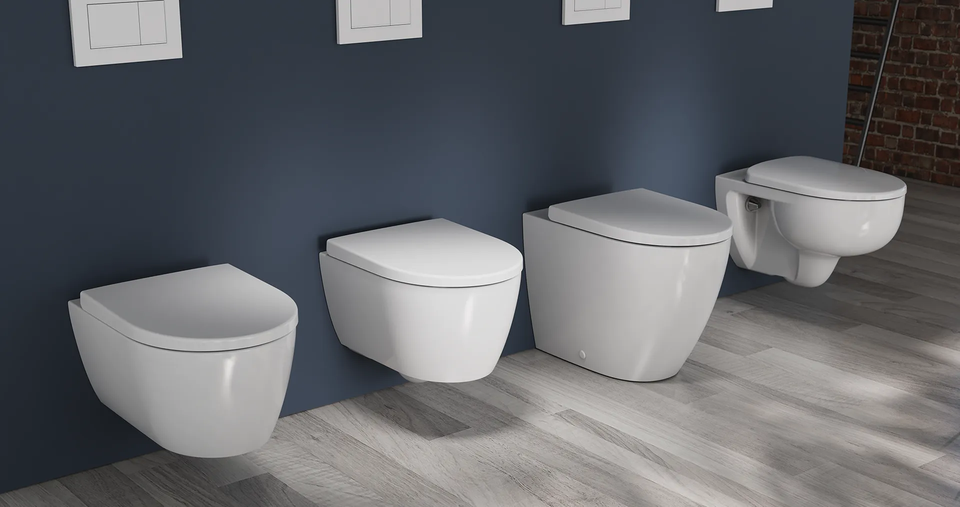 Four toilets featuring Geberit’s new TurboFlush technology, designed for different price ranges and installation types. (Photo)