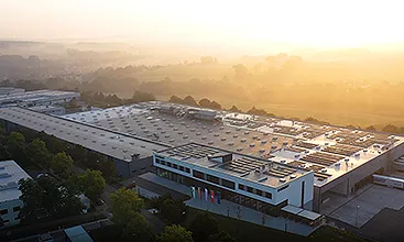 View from the top of the production plant in Lichtenstein, Germany, showing a new photovoltaic system that produces up to 870 megawatt-hours of solar power per year. (Photo)